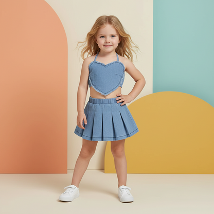 Blue Heart Halter Top & Pleated Skirt Set