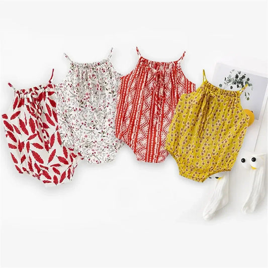 100% Cotton Patterned Spaghetti Strap Rompers Set In Red White Yellow