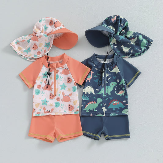 Sea Creatures & Dinosaur Rash Guard Swim Set With Sun Hat