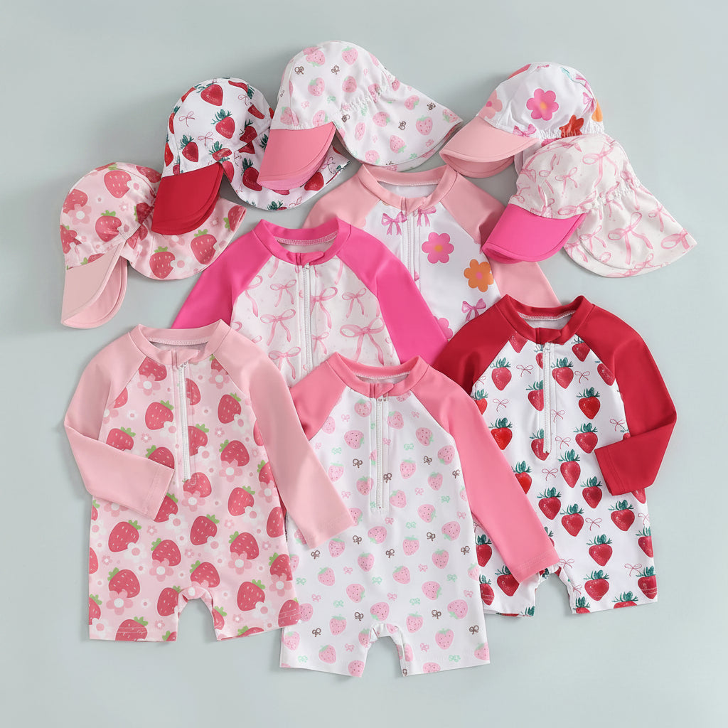 Strawberry & Floral Print Swimwear Suits & Sun Hats