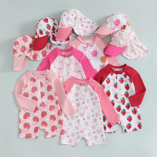 Strawberry & Floral Print Swimwear Suits & Sun Hats