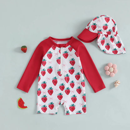 Strawberry & Floral Print Swimwear Suits & Sun Hats