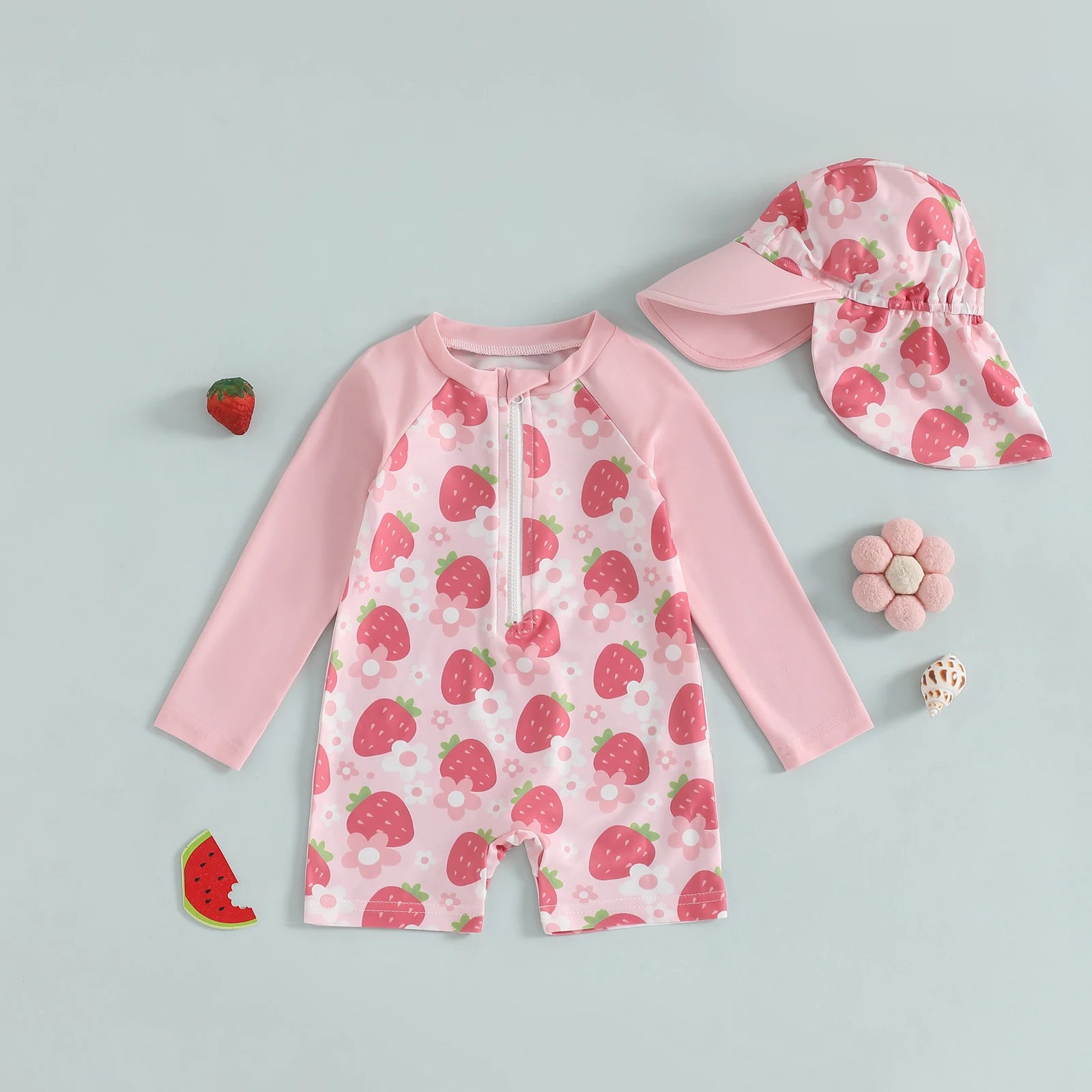 Strawberry & Floral Print Swimwear Suits & Sun Hats