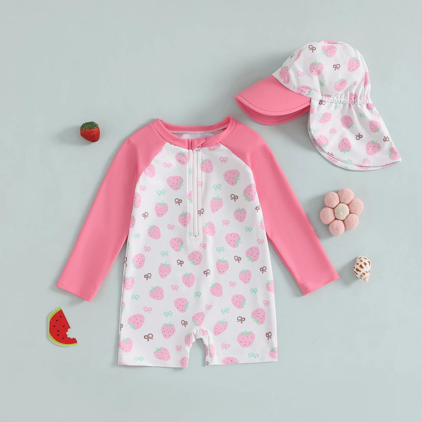Strawberry & Floral Print Swimwear Suits & Sun Hats