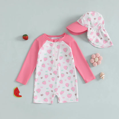 Strawberry & Floral Print Swimwear Suits & Sun Hats