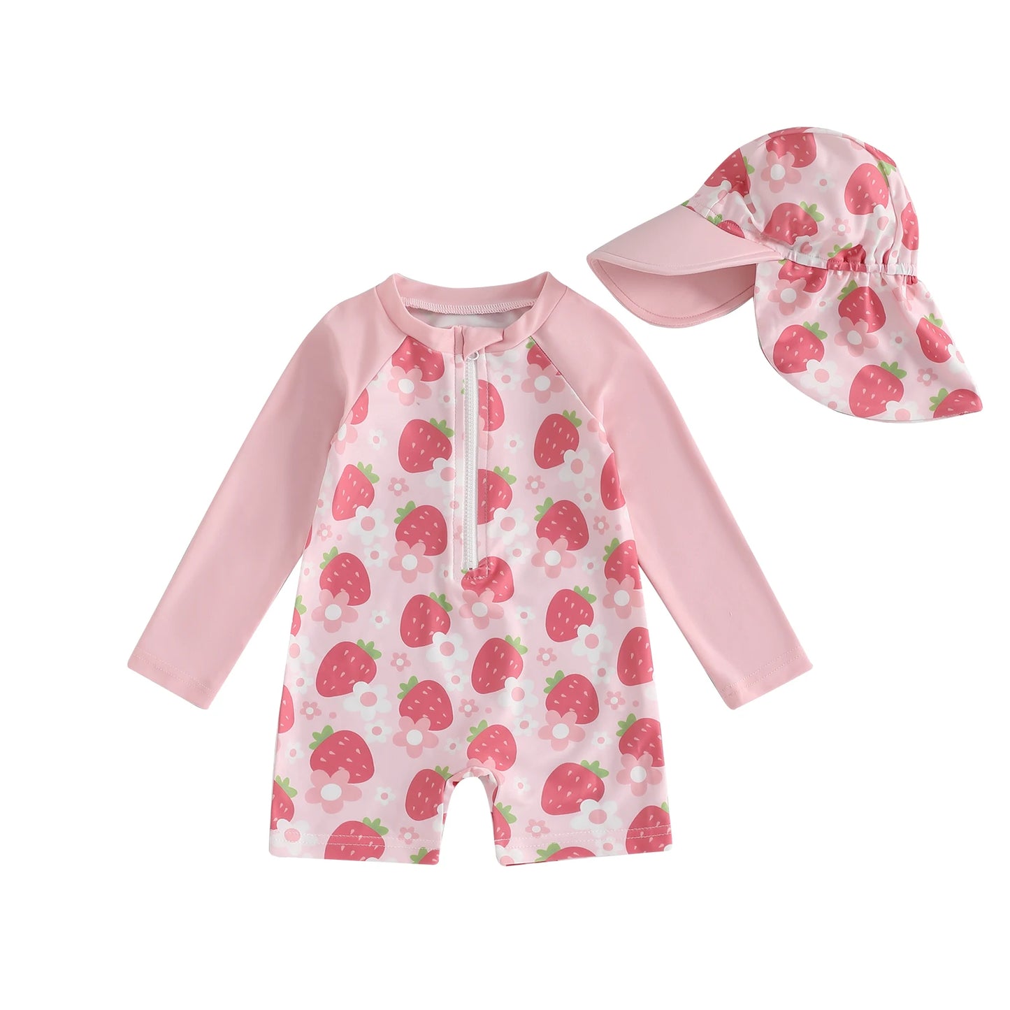 Strawberry & Floral Print Swimwear Suits & Sun Hats