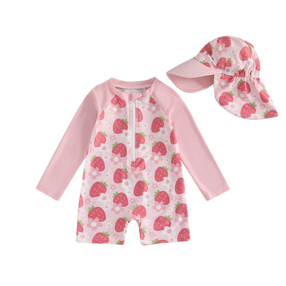 Strawberry & Floral Print Swimwear Suits & Sun Hats