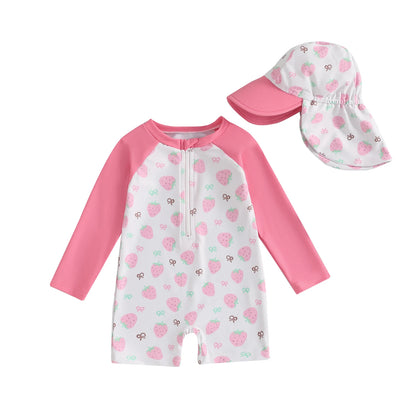 Strawberry & Floral Print Swimwear Suits & Sun Hats