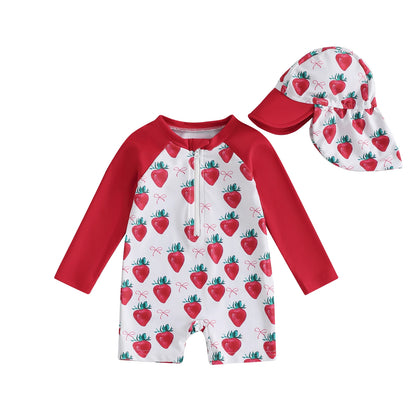 Strawberry & Floral Print Swimwear Suits & Sun Hats