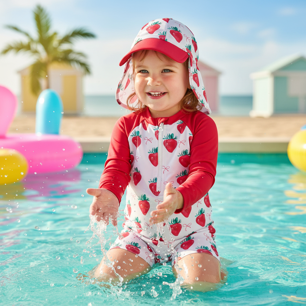 Strawberry & Floral Print Swimwear Suits & Sun Hats