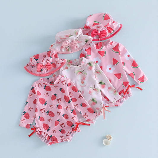 Strawberry Peach Watermelon Long Sleeve Sunsuit & Hat Set
