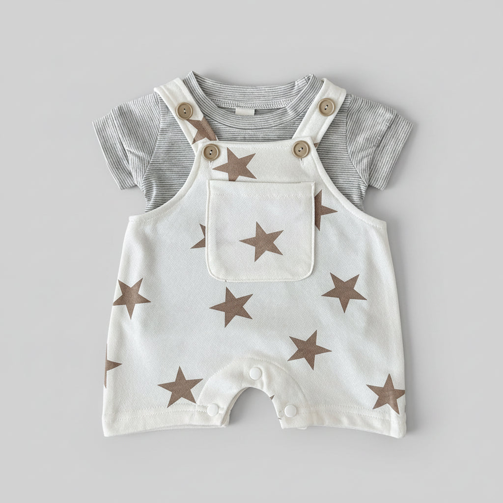 Cotton Striped Tee & Star Print Overall Romper Set