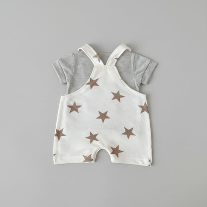 Cotton Striped Tee & Star Print Overall Romper Set