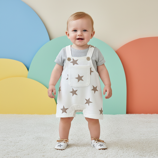 Cotton Striped Tee & Star Print Overall Romper Set