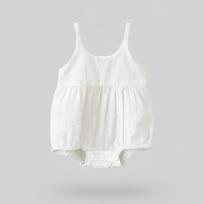 White Eyelet Linen Romper With Shoulder Straps