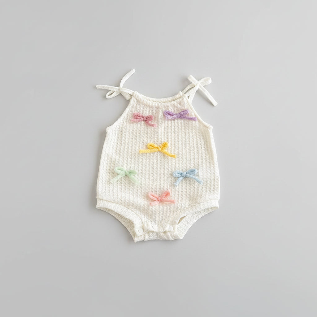 White Knit Romper With Pastel Bow Accents