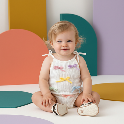 White Knit Romper With Pastel Bow Accents