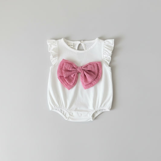 White Romper With Pink Bow And Ruffle Sleeves