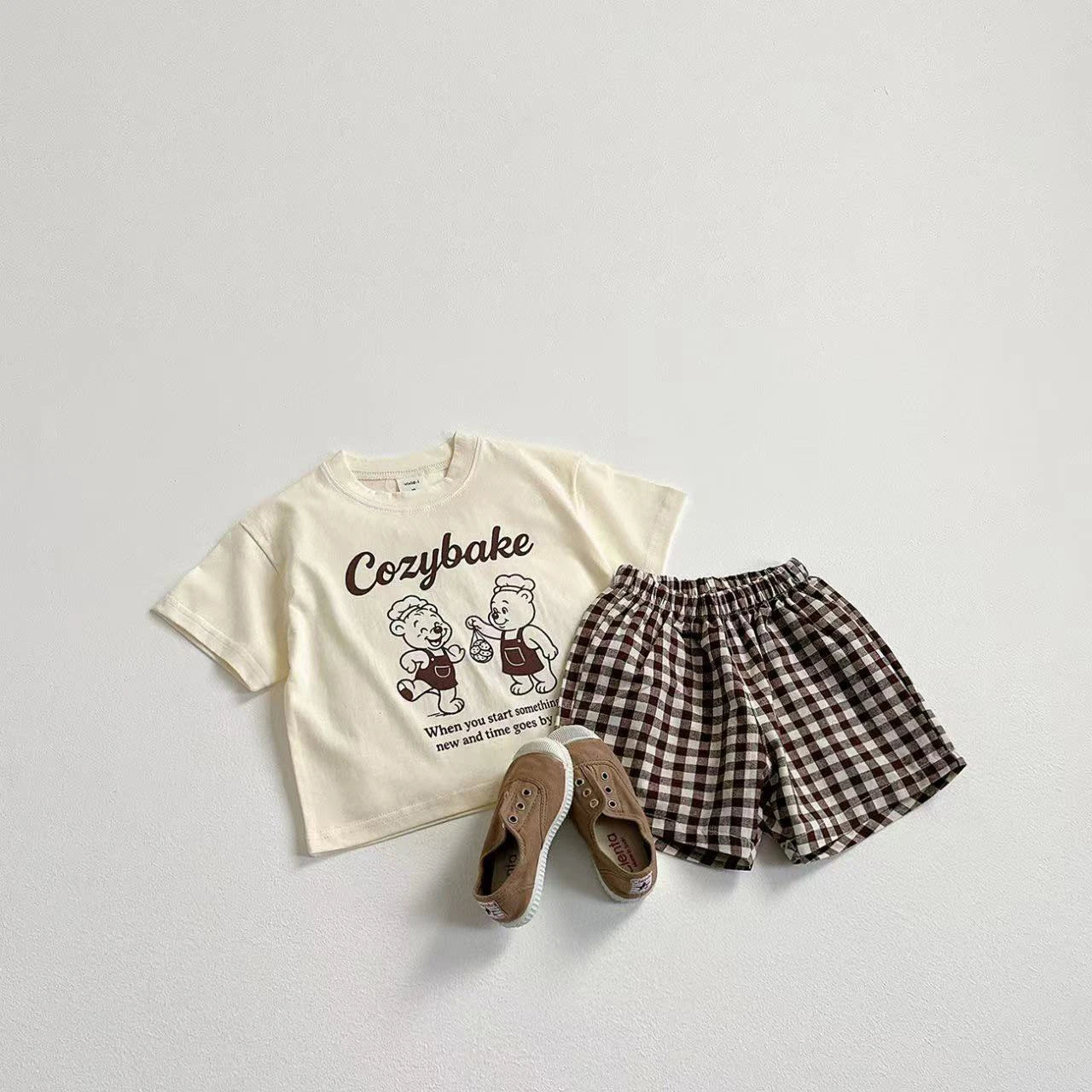 Cotton Cozybake Tee & Checkered Shorts Set