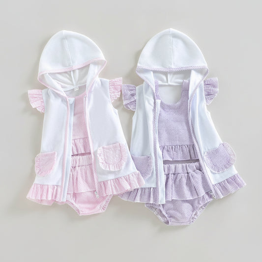 Hooded White Vest & Ruffle Dress Set in Pink & Lavender 3Pcs