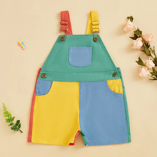 Cotton Colorblock Adjustable Strap Short Overalls Set