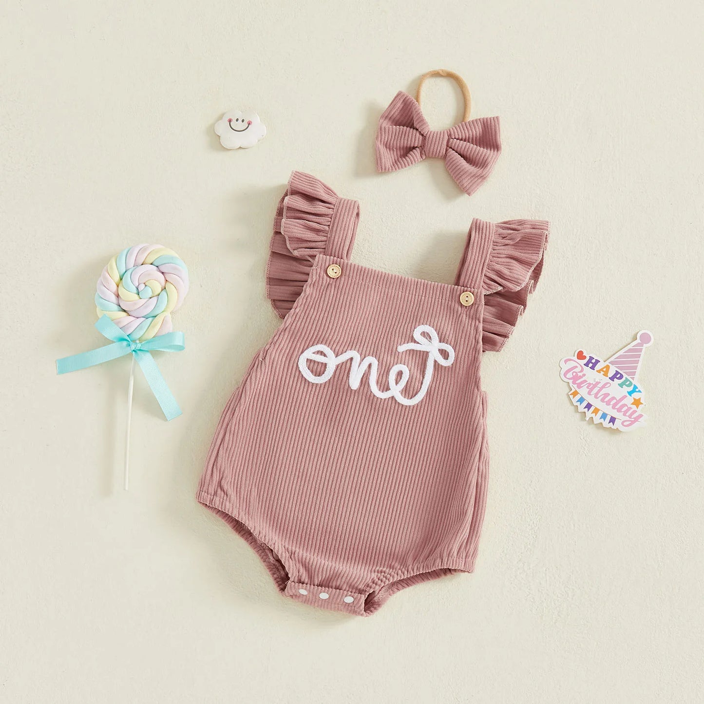 Cotton Ruffle Sleeve One Rompers With Matching Bow Headbands