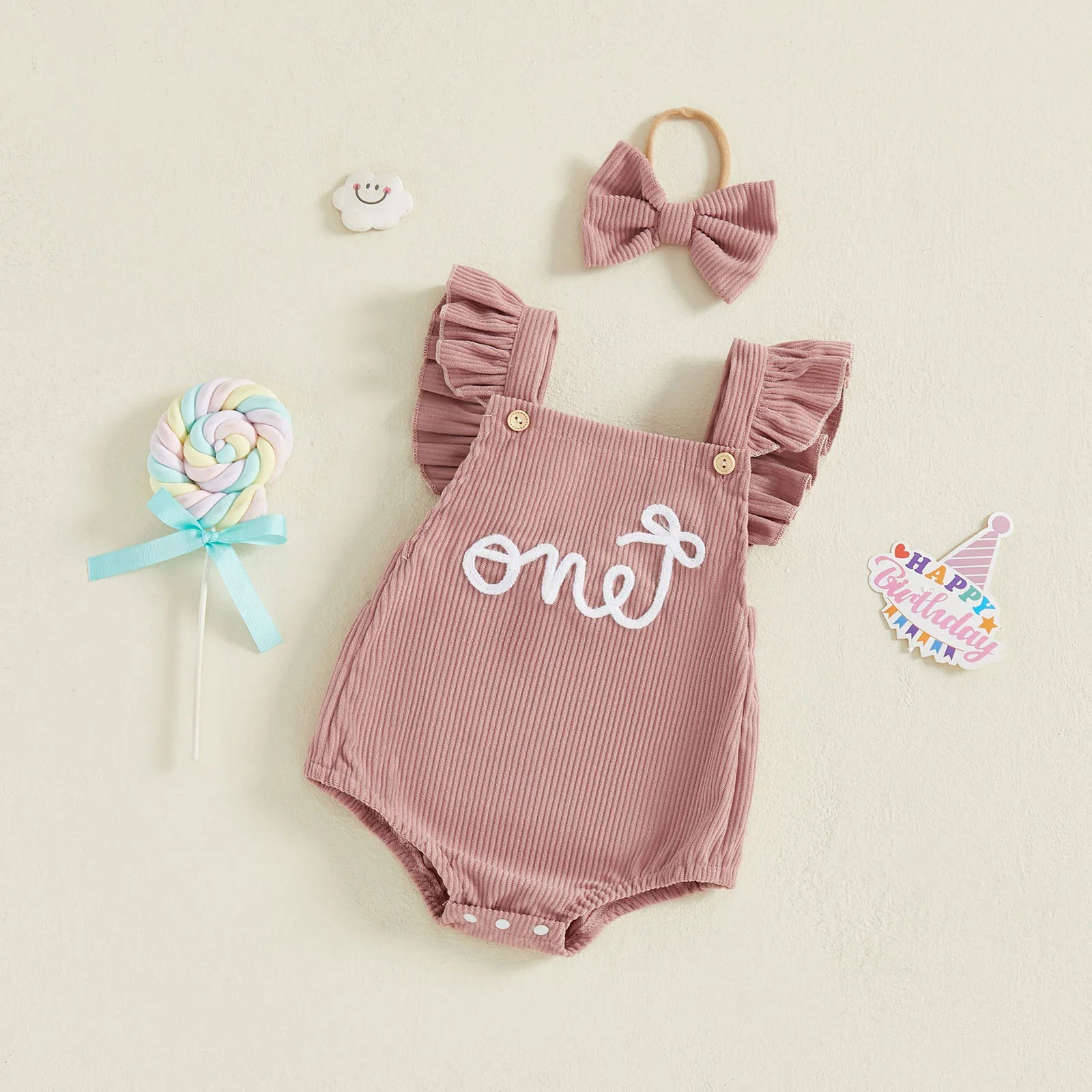 Cotton Ruffle Sleeve One Rompers With Matching Bow Headbands