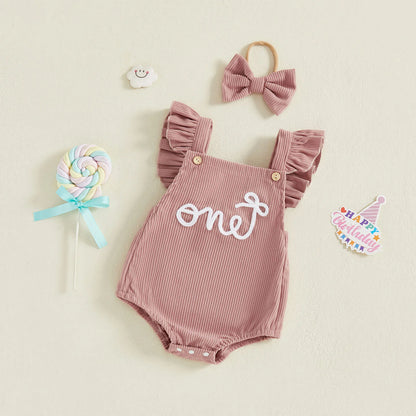 Cotton Ruffle Sleeve One Rompers With Matching Bow Headbands