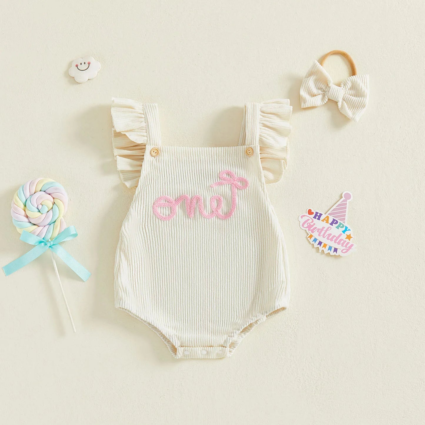 Cotton Ruffle Sleeve One Rompers With Matching Bow Headbands