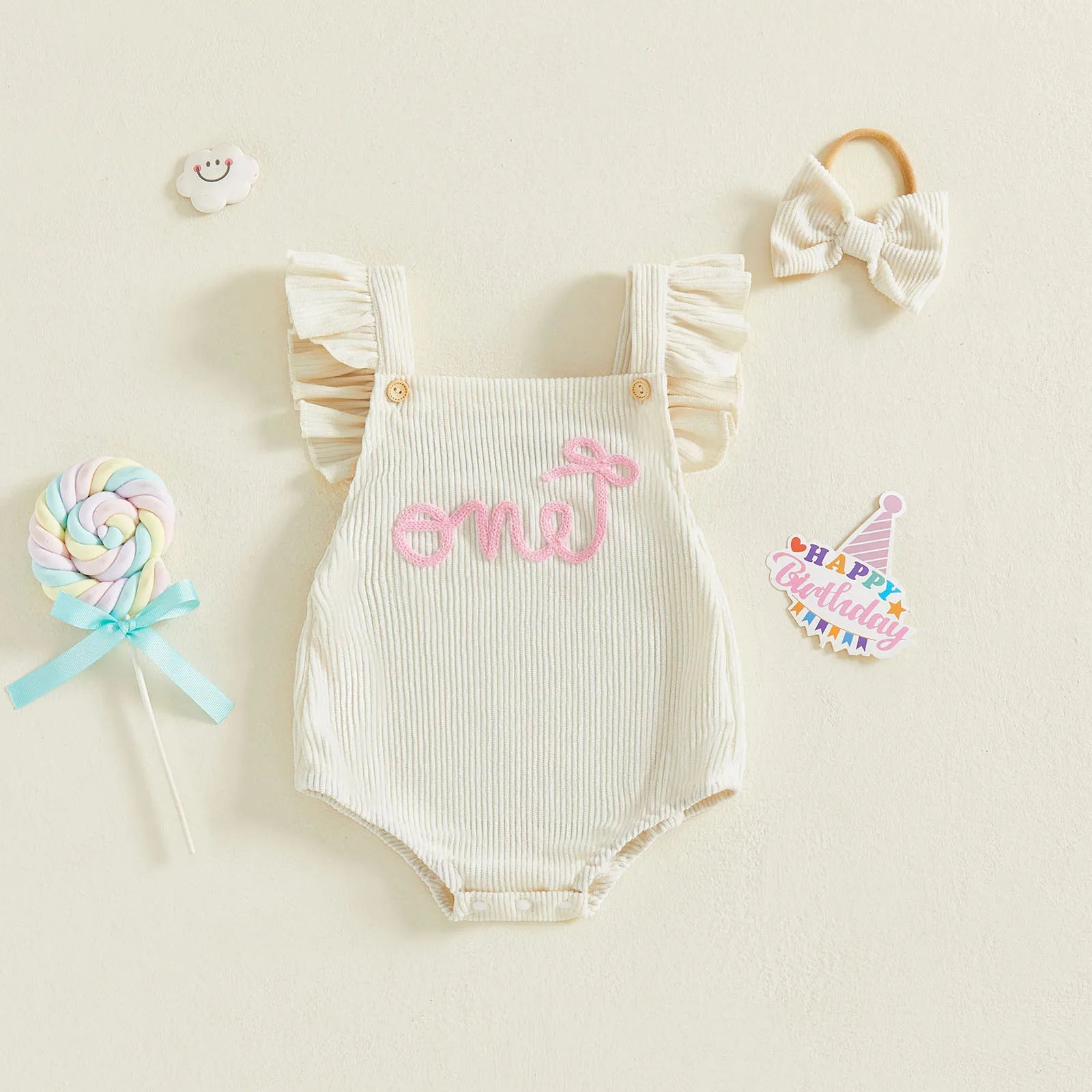 Cotton Ruffle Sleeve One Rompers With Matching Bow Headbands