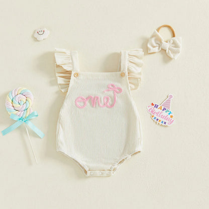 Cotton Ruffle Sleeve One Rompers With Matching Bow Headbands