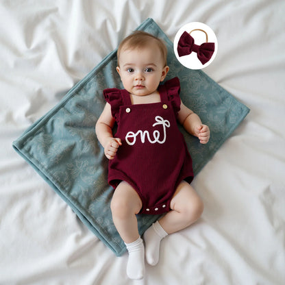 Cotton Ruffle Sleeve One Rompers With Matching Bow Headbands