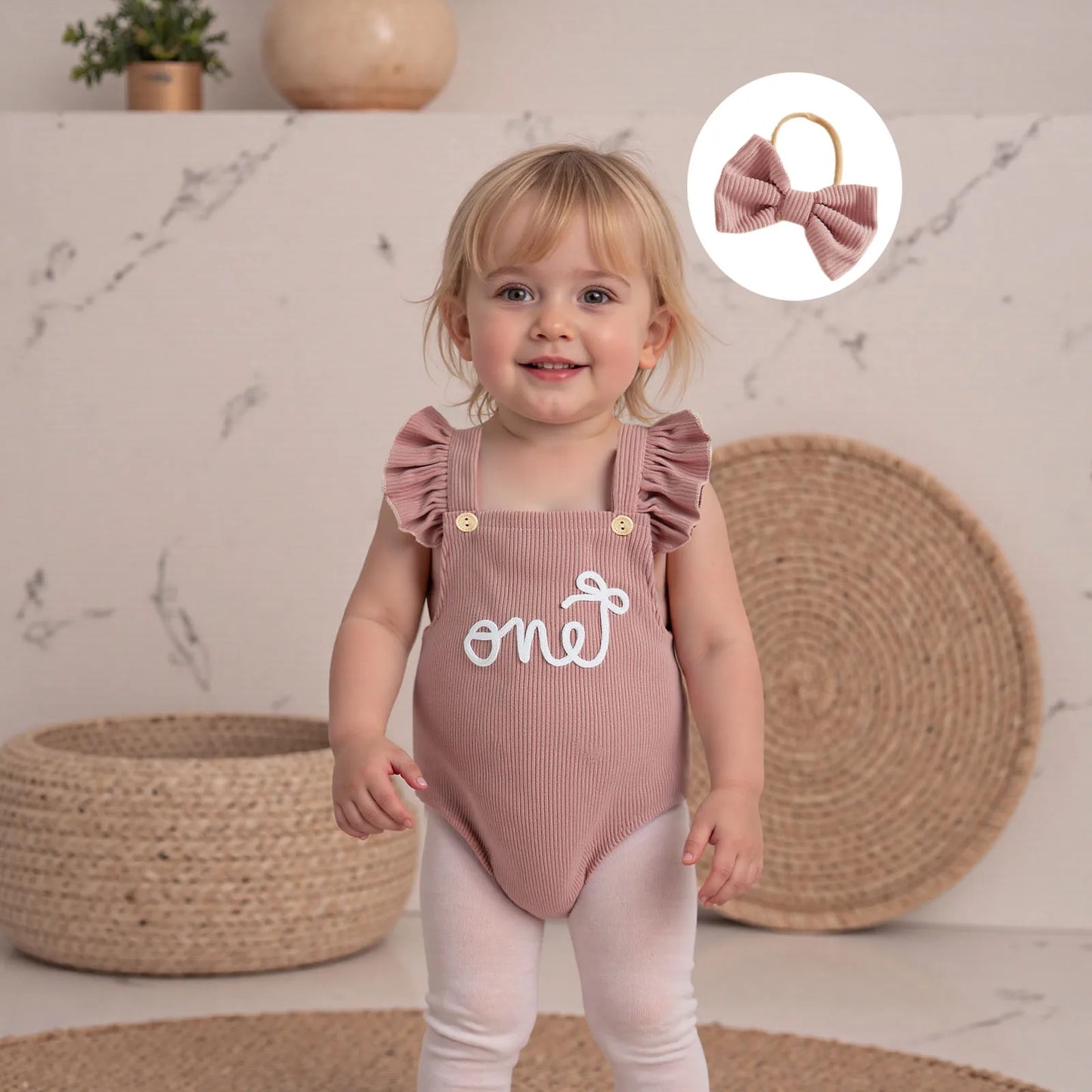 Cotton Ruffle Sleeve One Rompers With Matching Bow Headbands