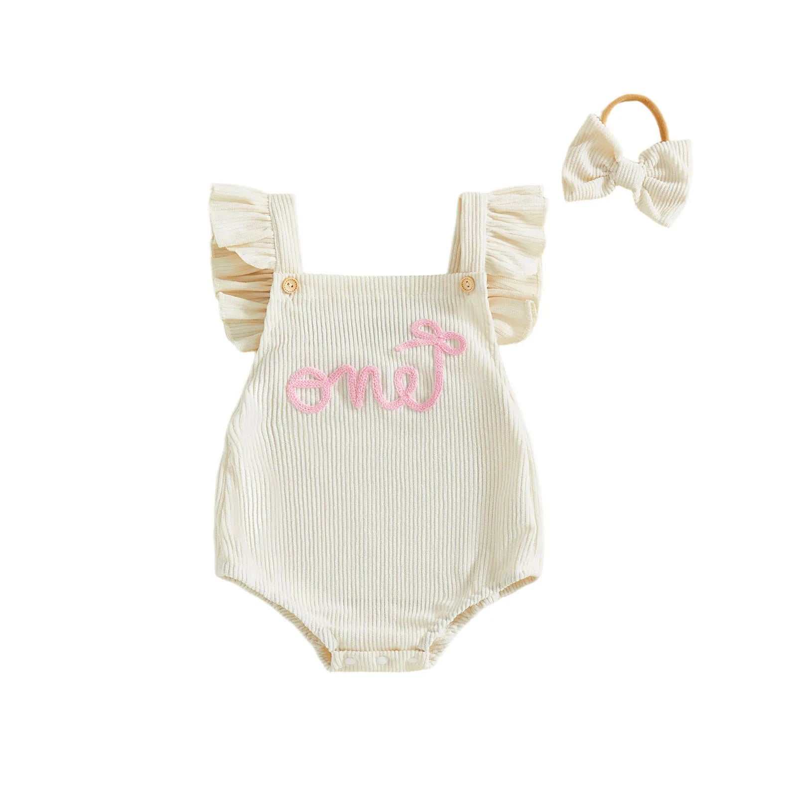 Cotton Ruffle Sleeve One Rompers With Matching Bow Headbands