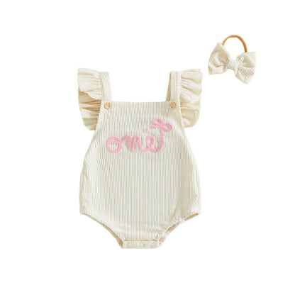 Cotton Ruffle Sleeve One Rompers With Matching Bow Headbands