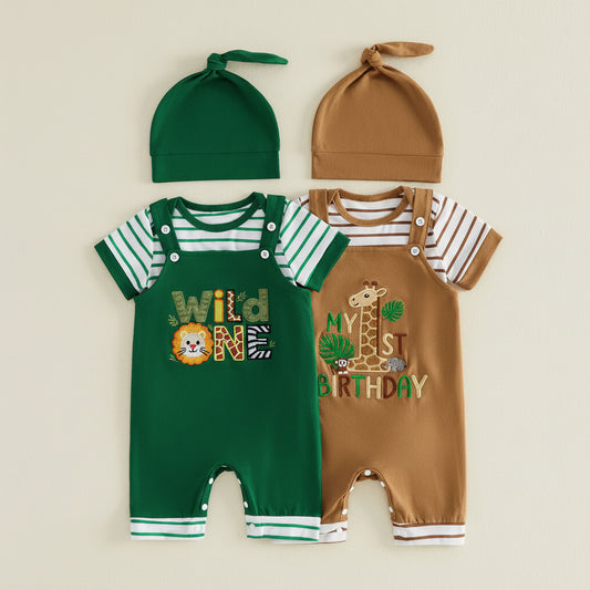 Cotton Wild One & My 1st Birthday Safari Rompers With Hats