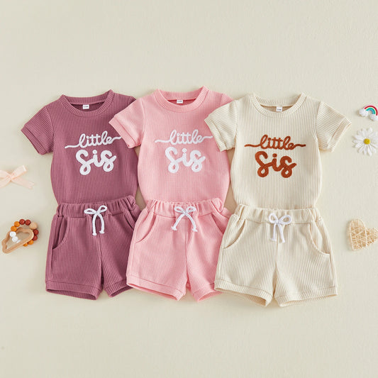 Little Sis Waffle Knit Tee & Shorts Set Three Colors
