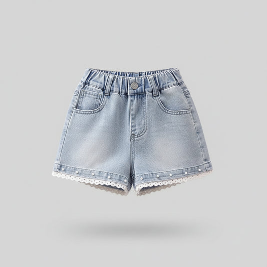 Denim Shorts With Lace Trim & Pearl Details