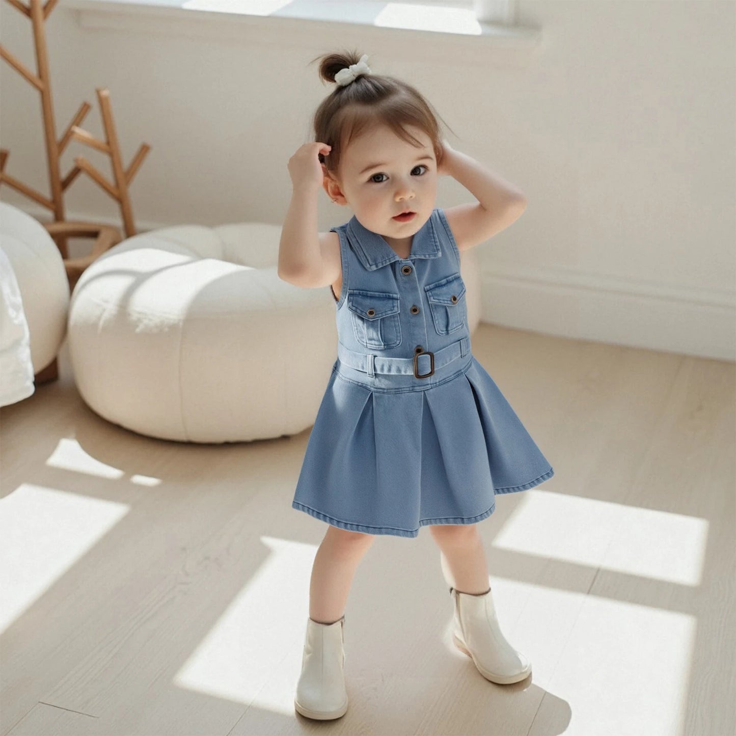 Cotton Chic Sleeveless Denim Belted Girls Cotton Dress