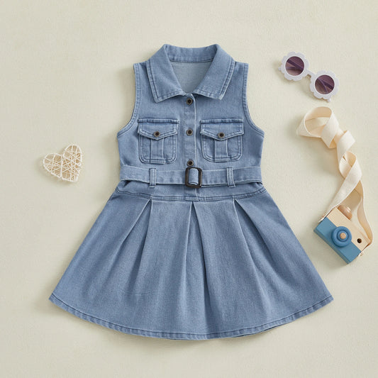 Cotton Chic Sleeveless Denim Belted Girls Cotton Dress