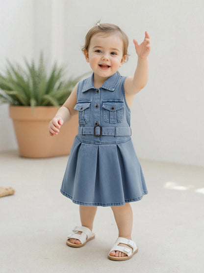 Cotton Chic Sleeveless Denim Belted Girls Cotton Dress