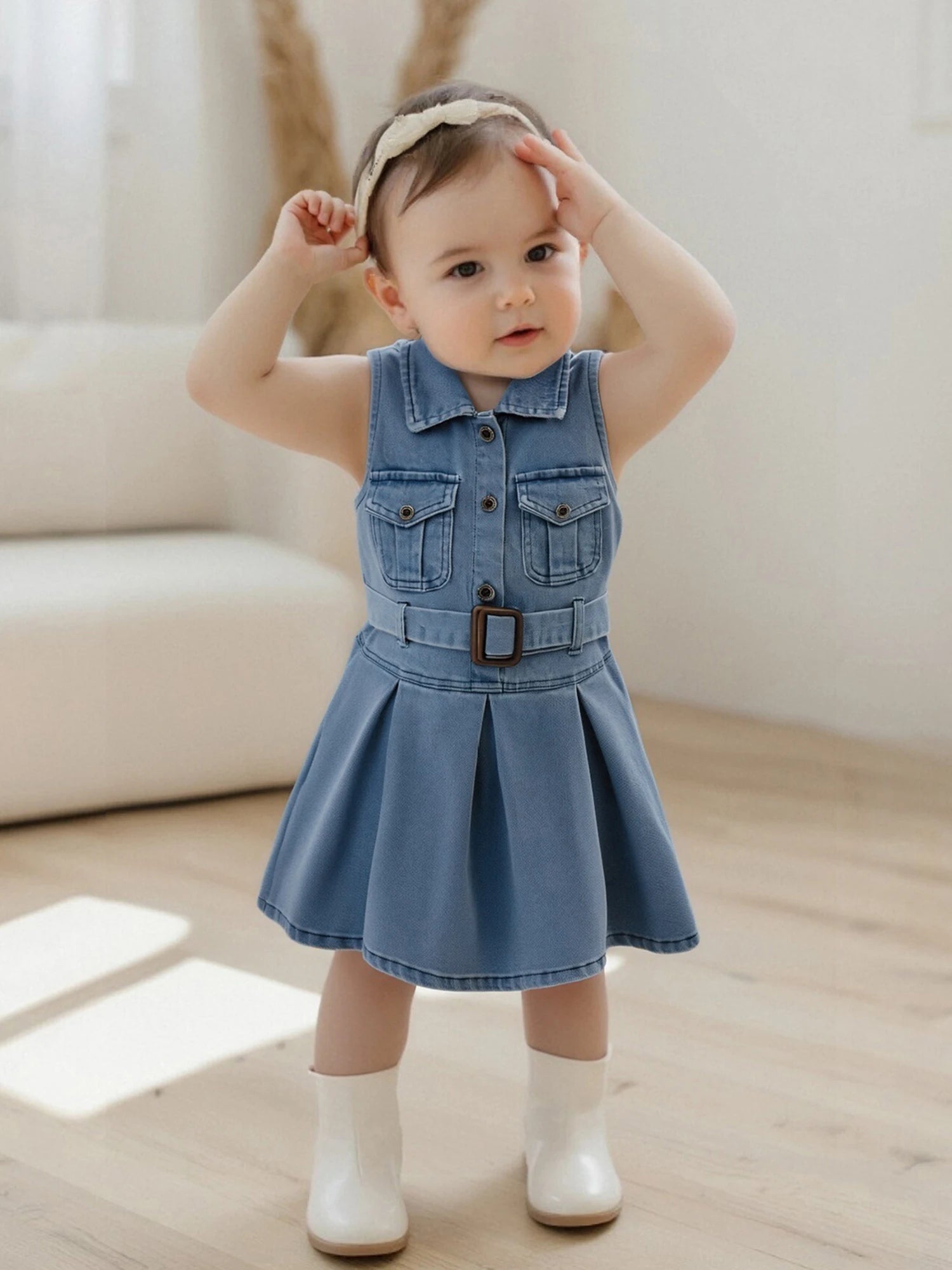 Cotton Chic Sleeveless Denim Belted Girls Cotton Dress