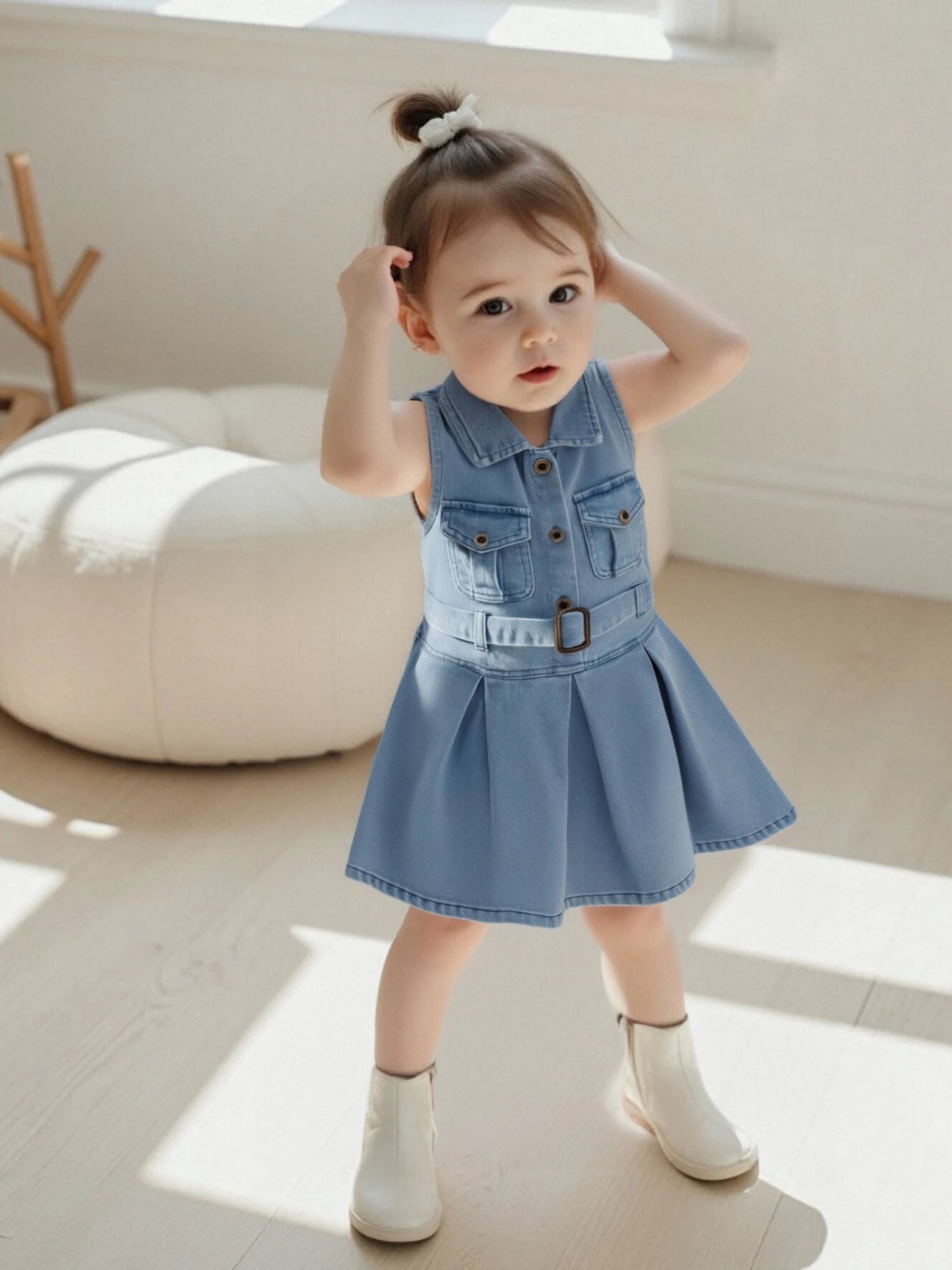Cotton Chic Sleeveless Denim Belted Girls Cotton Dress