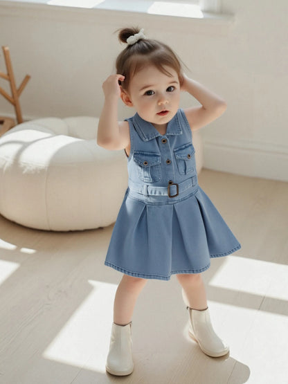 Cotton Chic Sleeveless Denim Belted Girls Cotton Dress