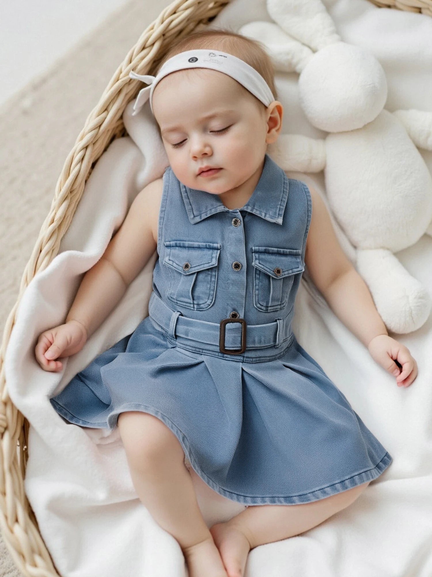 Cotton Chic Sleeveless Denim Belted Girls Cotton Dress