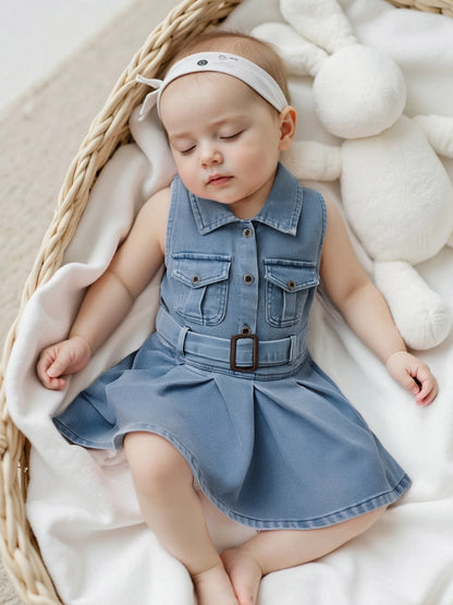 Cotton Chic Sleeveless Denim Belted Girls Cotton Dress