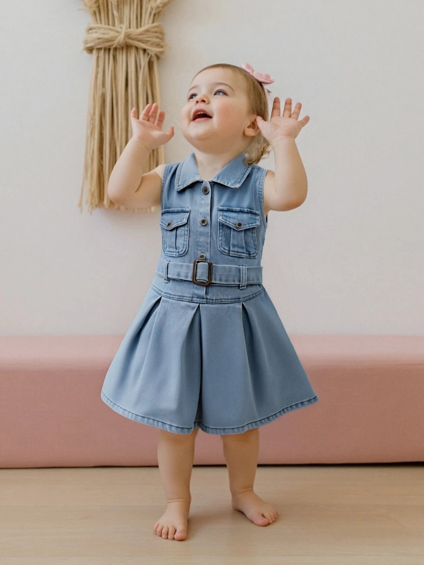 Cotton Chic Sleeveless Denim Belted Girls Cotton Dress