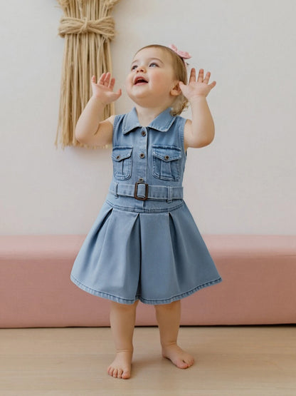 Cotton Chic Sleeveless Denim Belted Girls Cotton Dress
