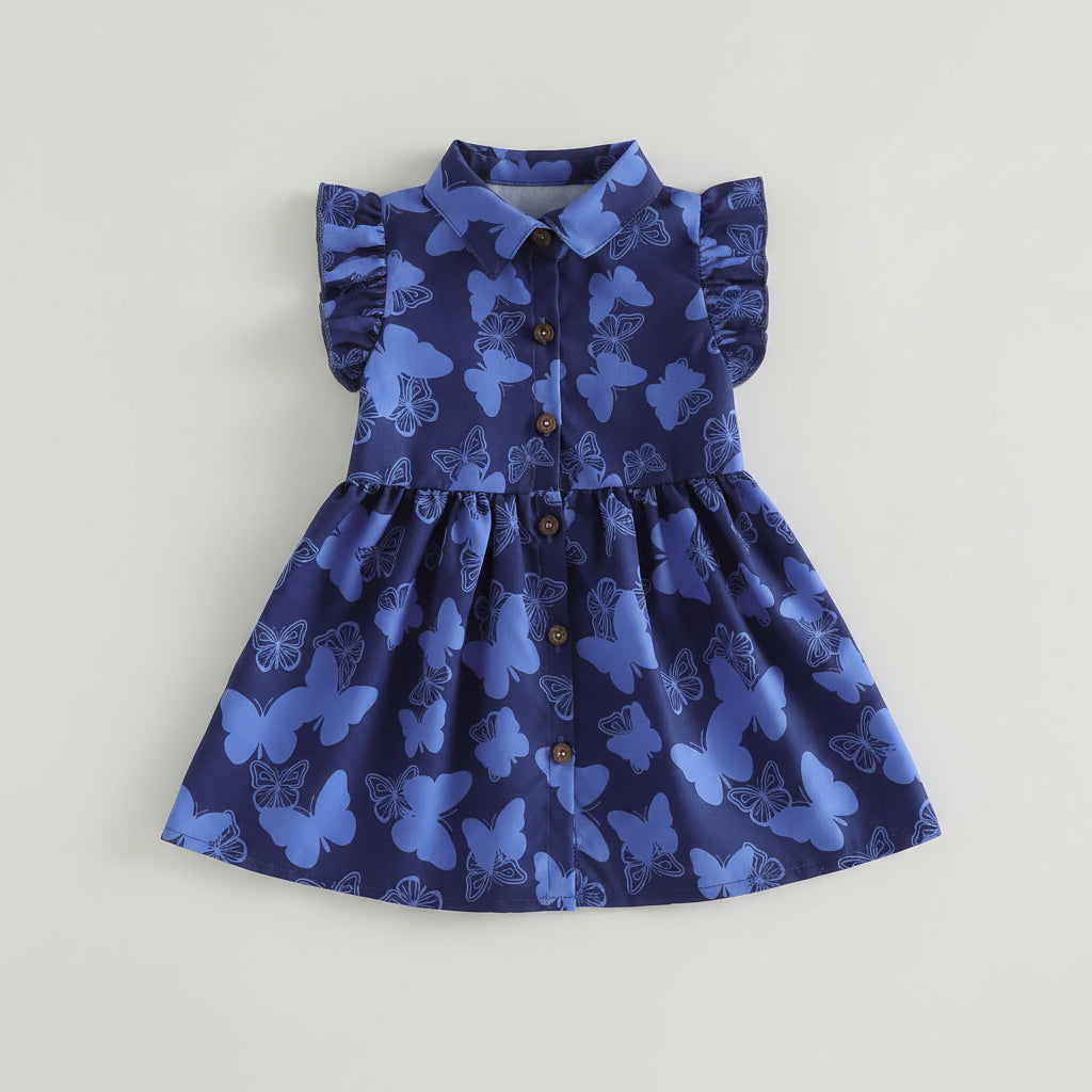 Navy Blue Butterfly Print Button Front Dress