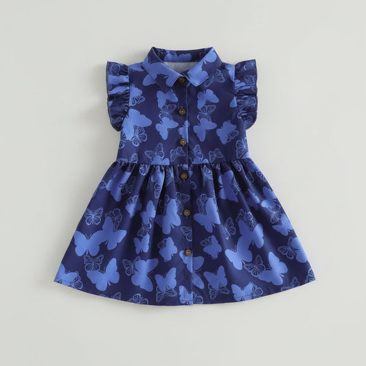 Navy Blue Butterfly Print Button Front Dress
